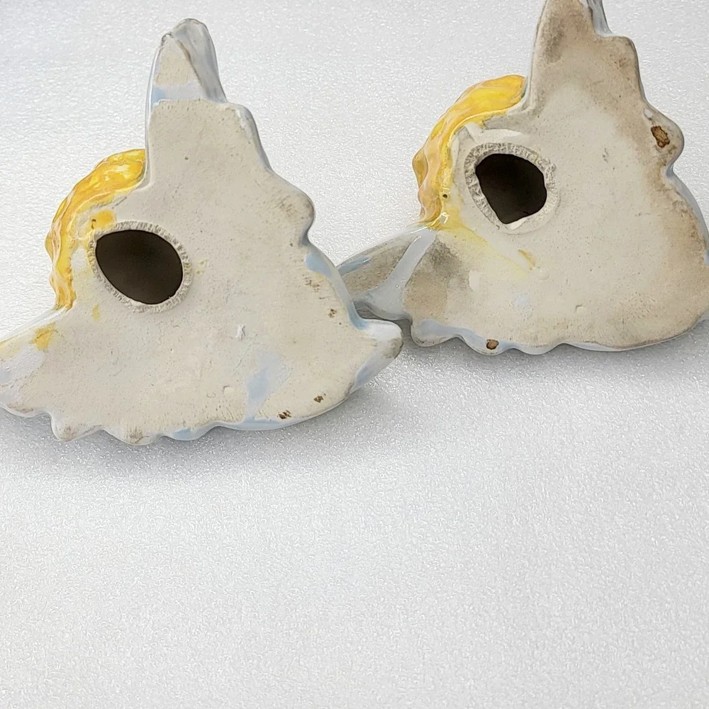 Vintage Pair of Ceramic Cherub Angel Wall Hangings Blonde Hair Blue Wings